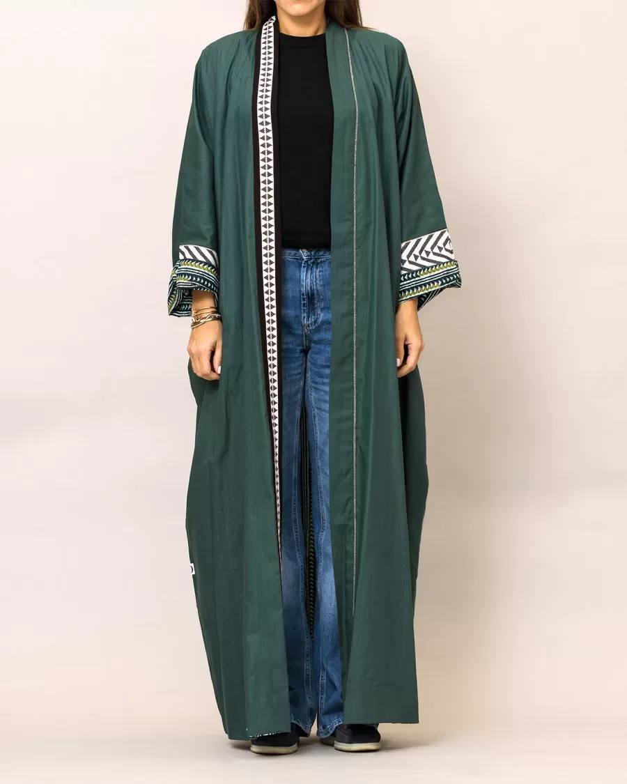 Viridian Green Cosmo Plain and Printed Cotton Reversible Abaya