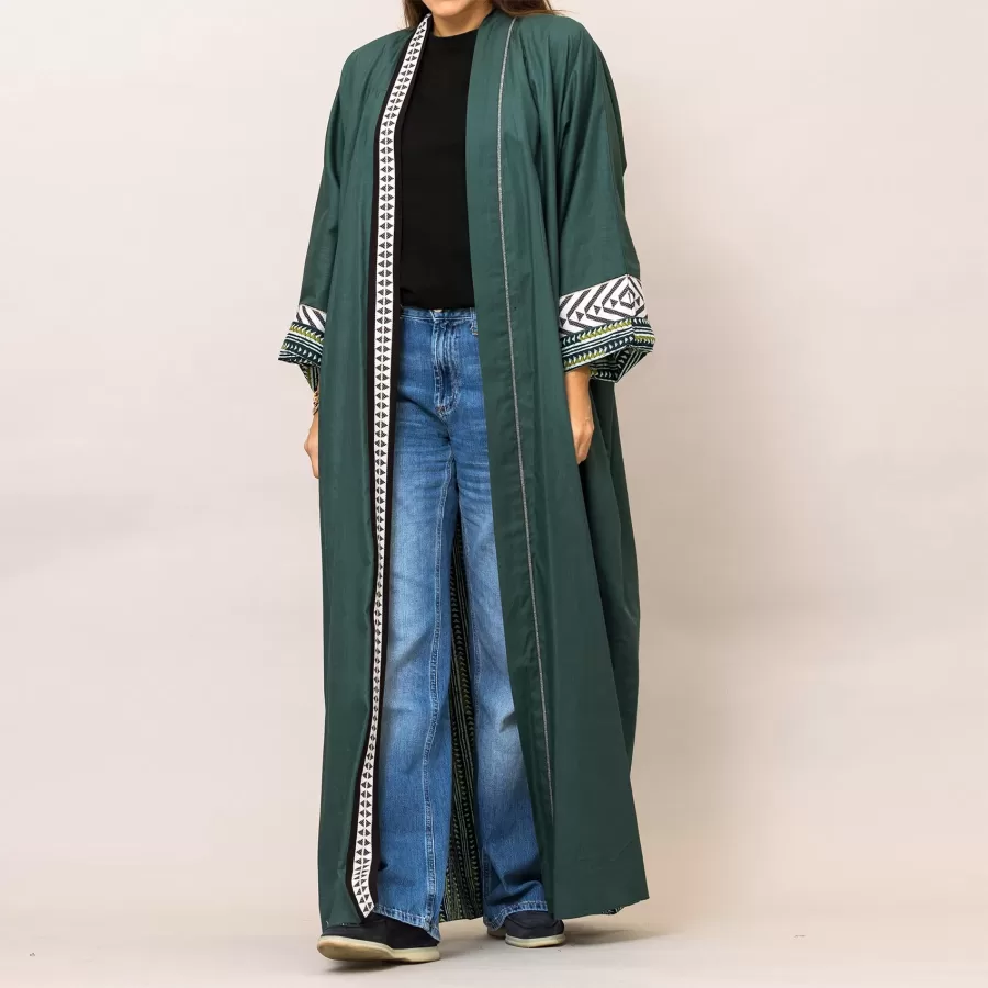 Viridian Green Cosmo Plain and Printed Cotton Reversible Abaya