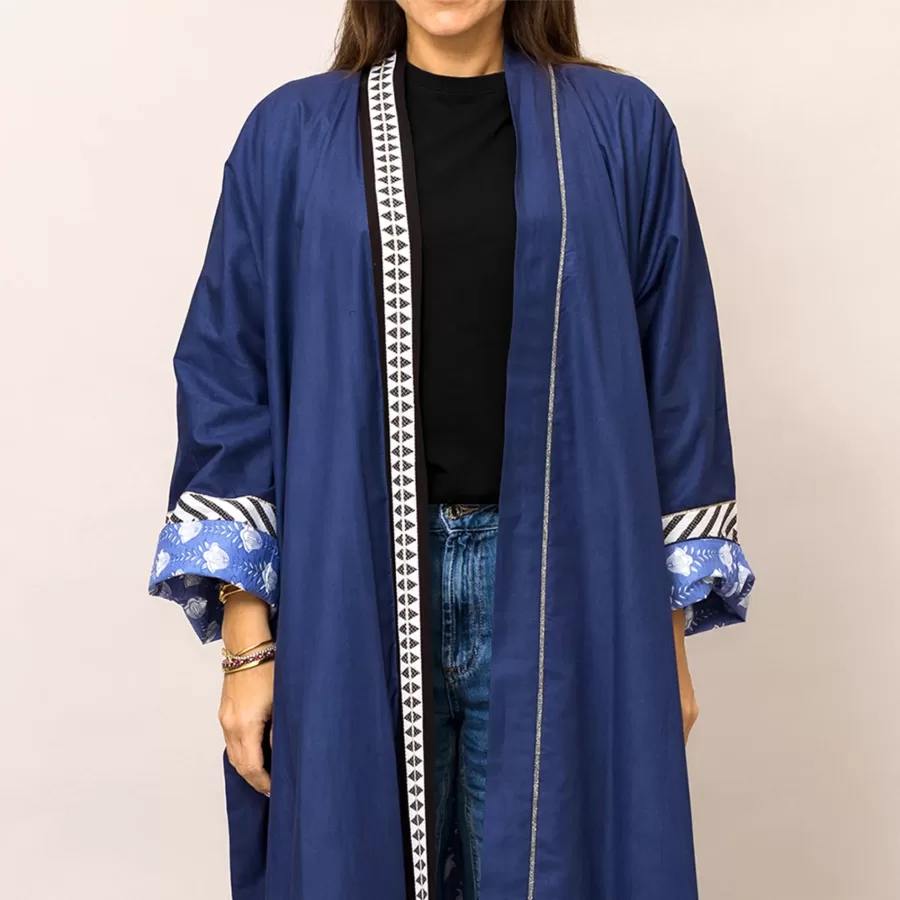 Navy Blue Cosmo Plain and Printed Cotton Reversible Abaya