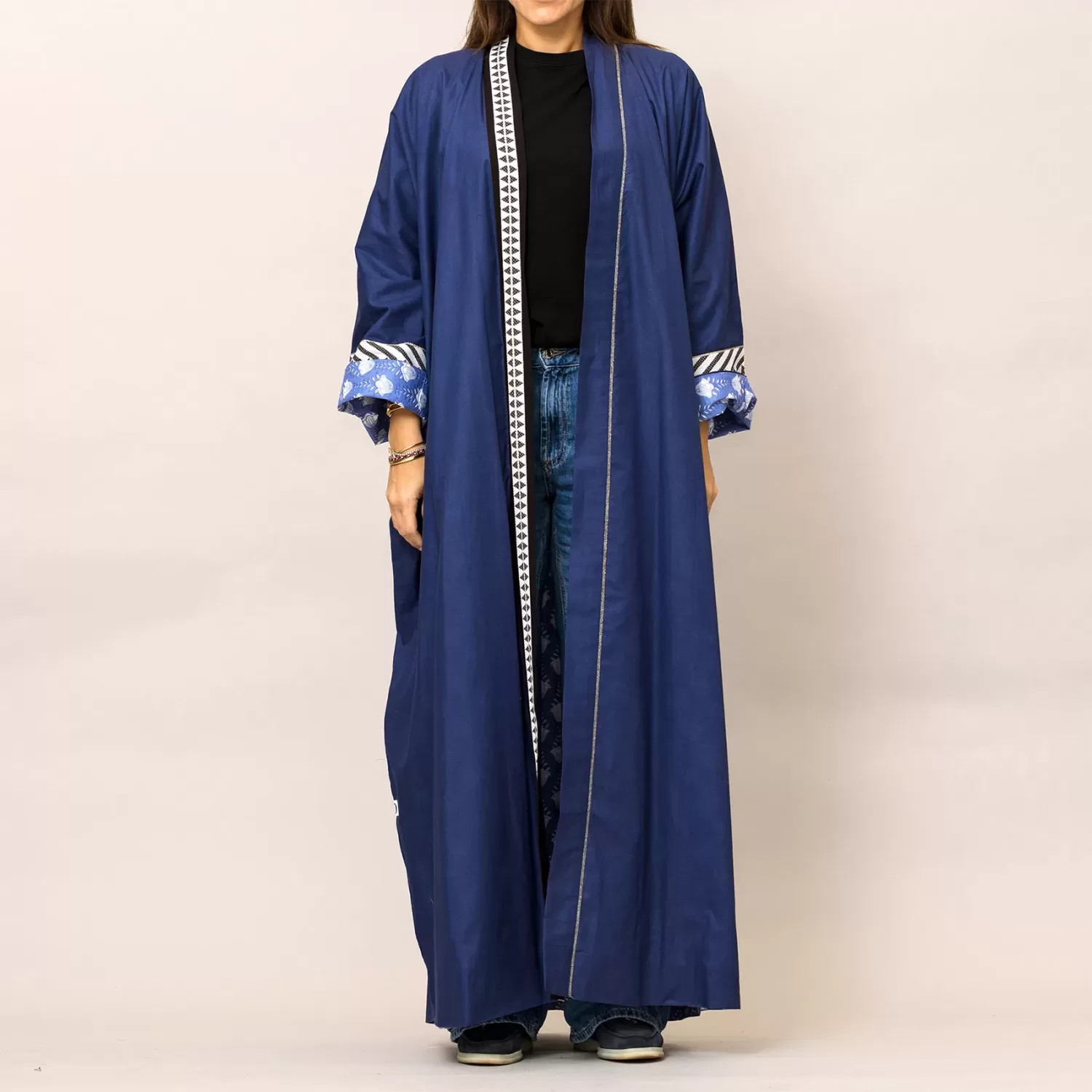 Navy Blue Cosmo Plain and Printed Cotton Reversible Abaya