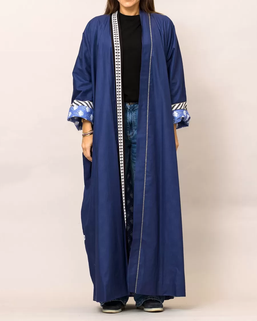 Navy Blue Cosmo Plain and Printed Cotton Reversible Abaya