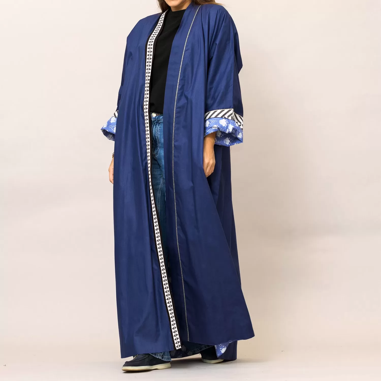 Navy Blue Cosmo Plain and Printed Cotton Reversible Abaya