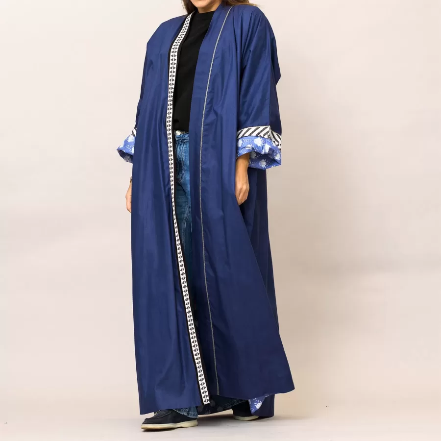 Navy Blue Cosmo Plain and Printed Cotton Reversible Abaya