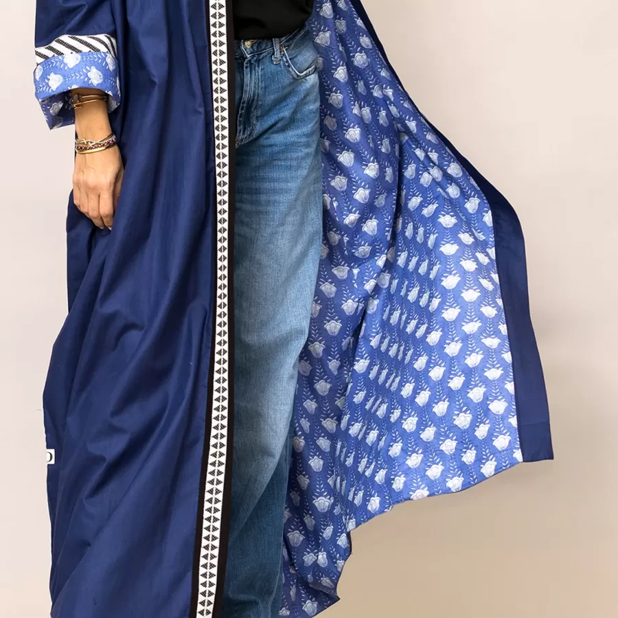 Navy Blue Cosmo Plain and Printed Cotton Reversible Abaya