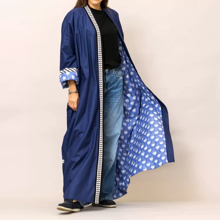 Navy Blue Cosmo Plain and Printed Cotton Reversible Abaya