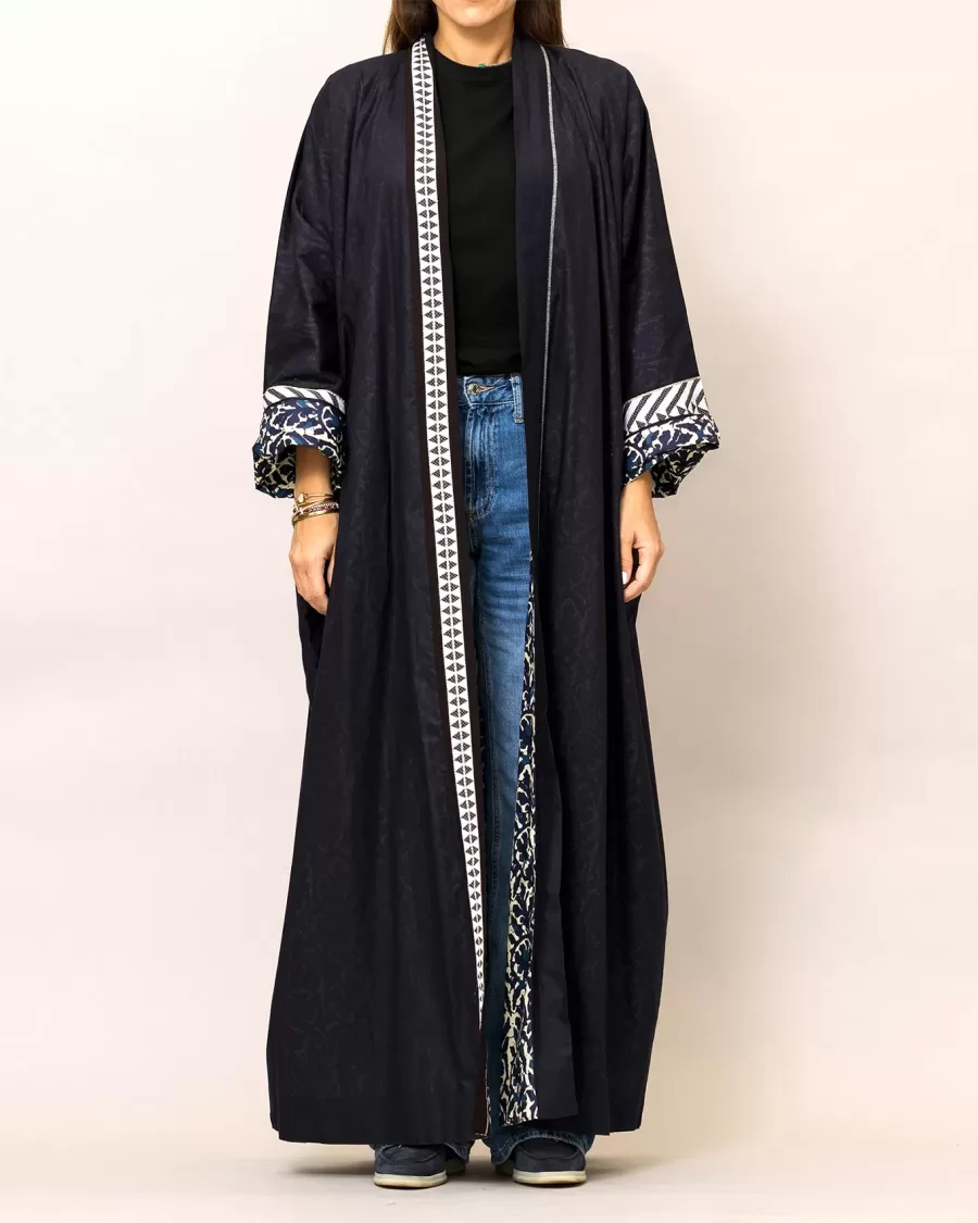 Midnight Blue Cosmo Plain and Printed Cotton Reversible Abaya