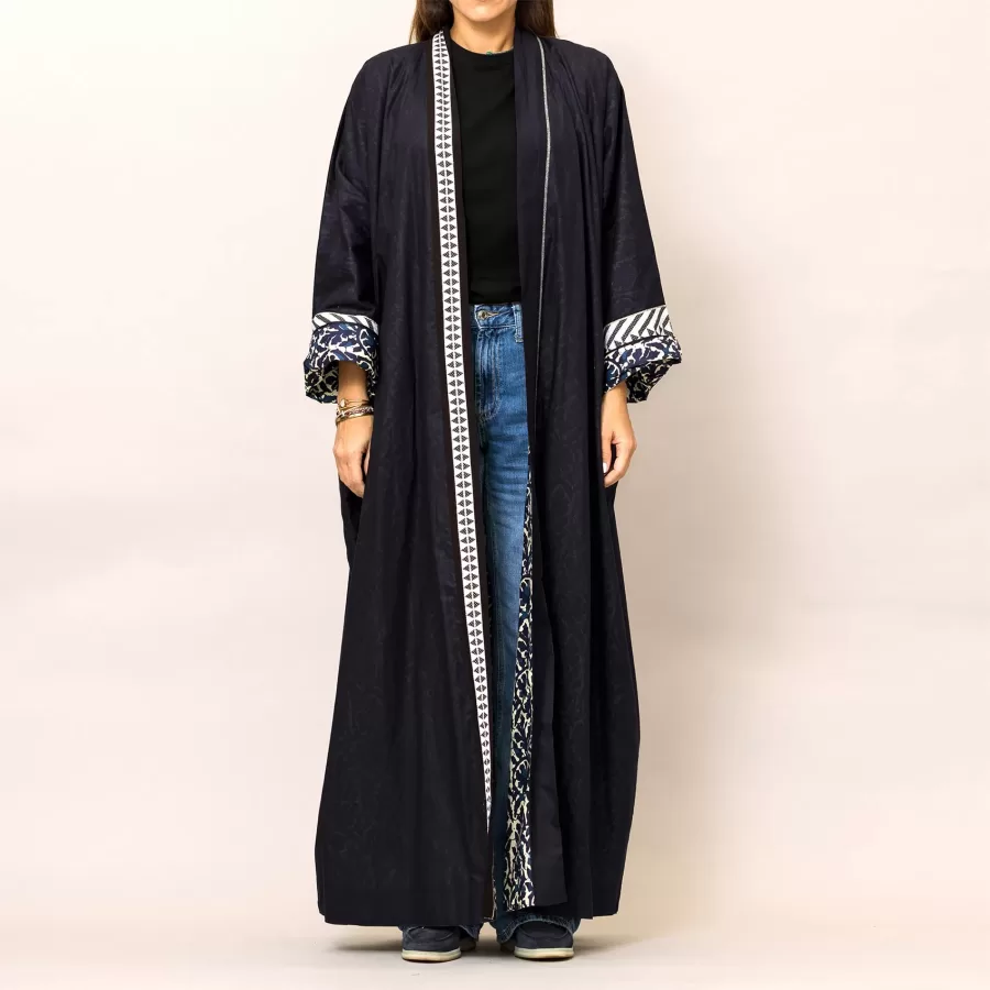 Midnight Blue Cosmo Plain and Printed Cotton Reversible Abaya