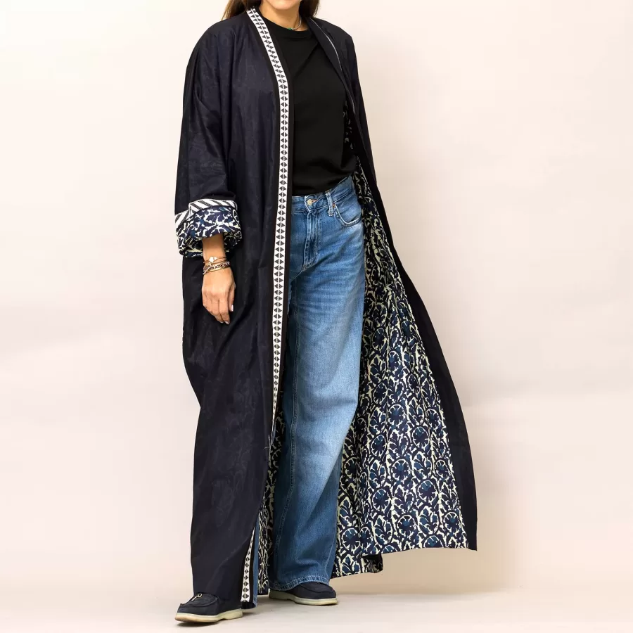 Midnight Blue Cosmo Plain and Printed Cotton Reversible Abaya