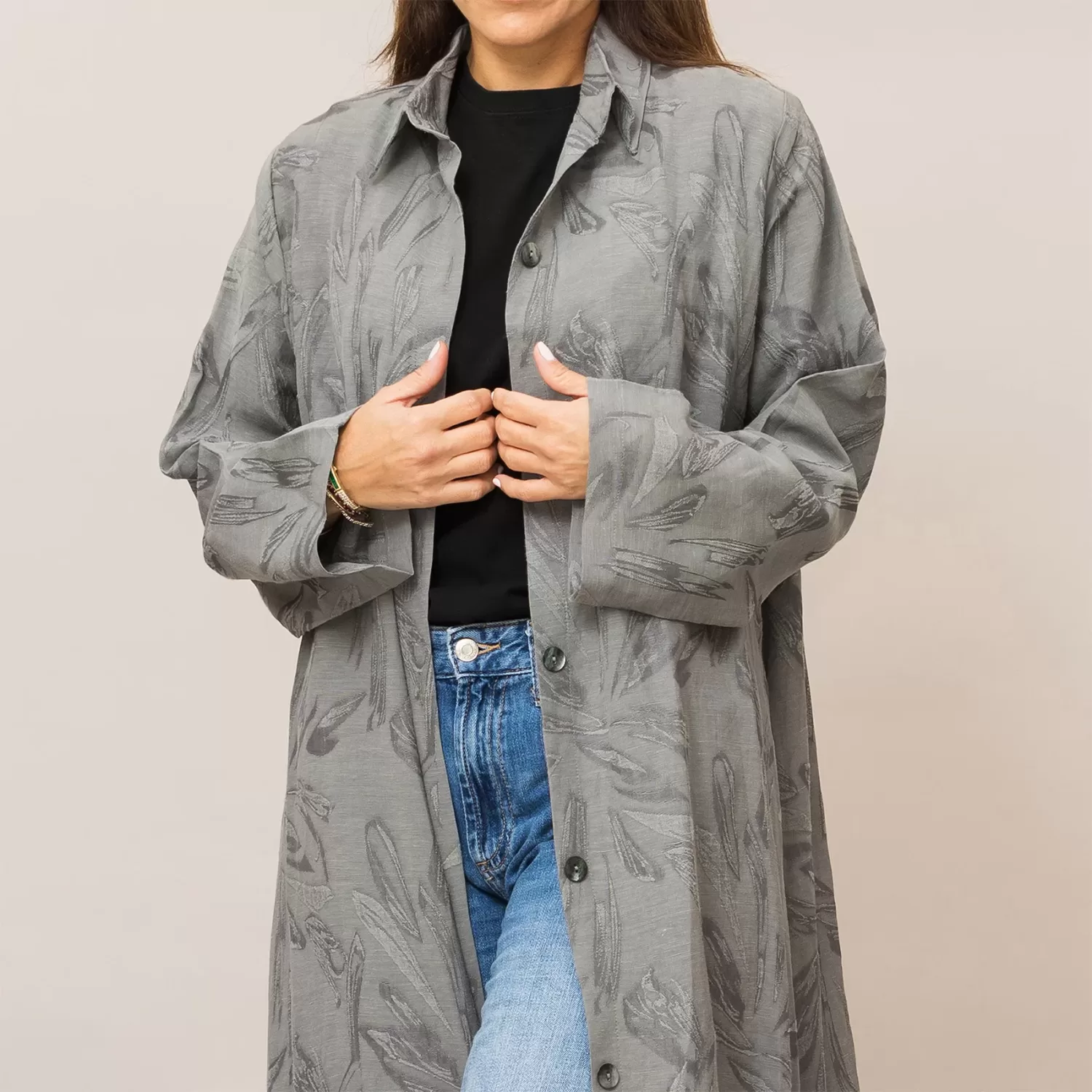 Estelle Ash Gray Self-Embroidered Linen Shirt Abaya