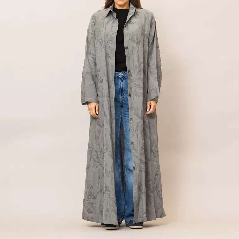 Estelle Ash Gray Self-Embroidered Linen Shirt Abaya