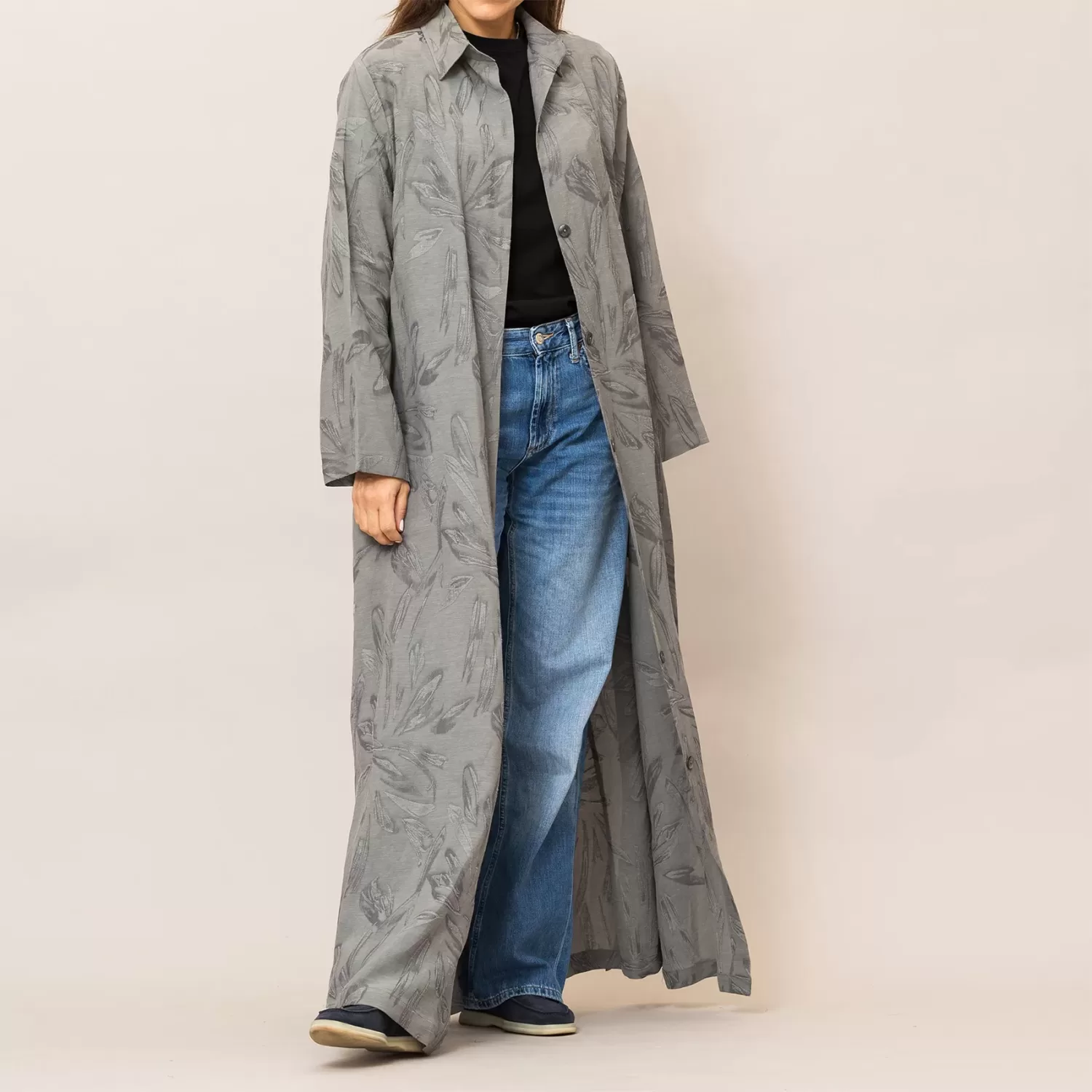 Estelle Ash Gray Self-Embroidered Linen Shirt Abaya