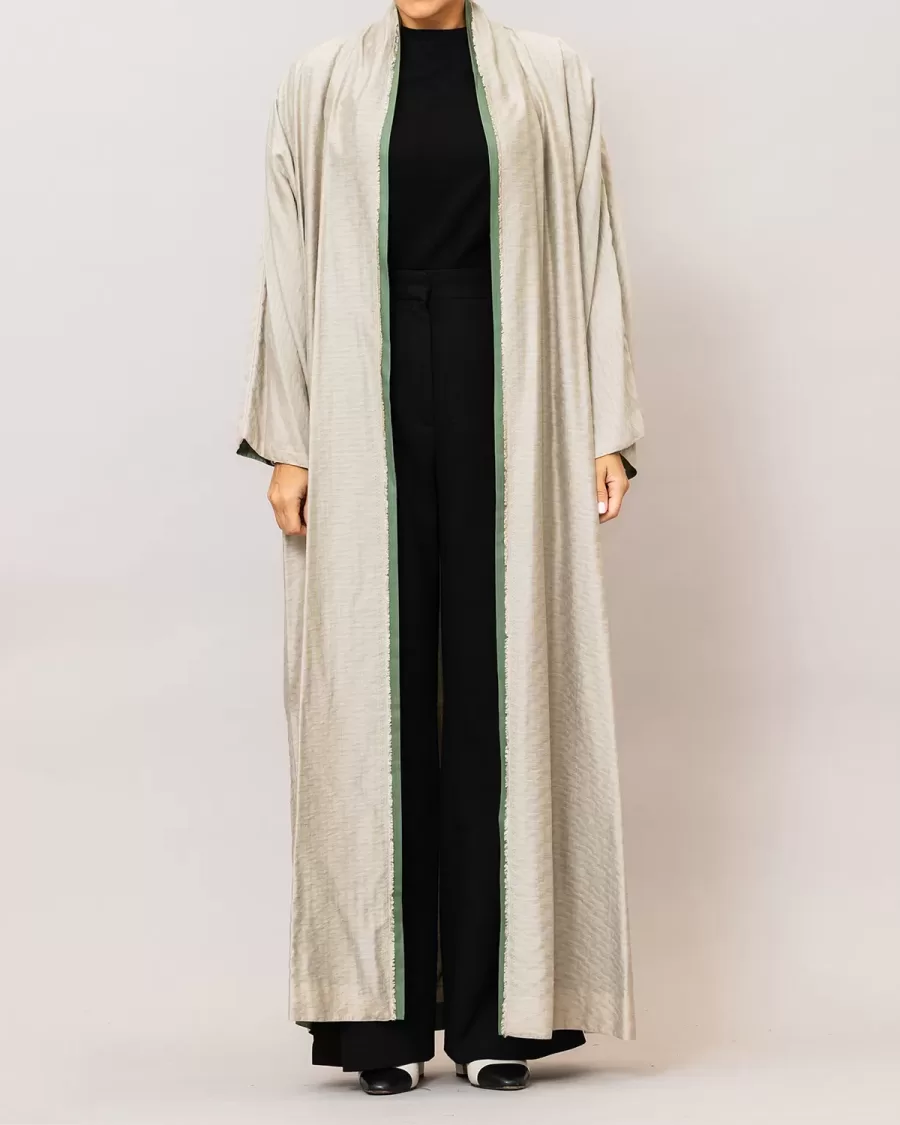 Pale Ecru/Eucalyptus Green Azalea Double Layered Cotton Silk Abaya