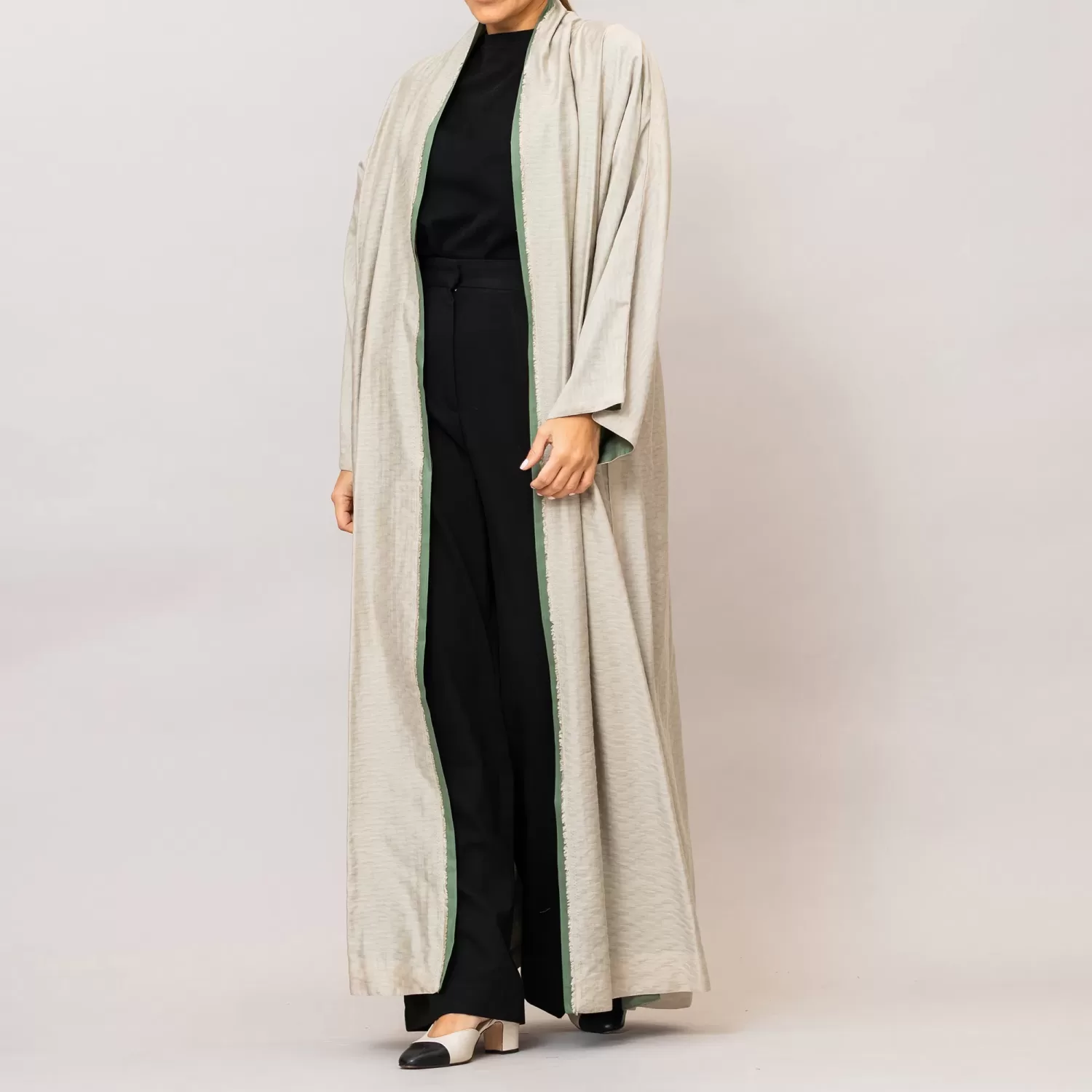 Pale Ecru/Eucalyptus Green Azalea Double Layered Cotton Silk Abaya