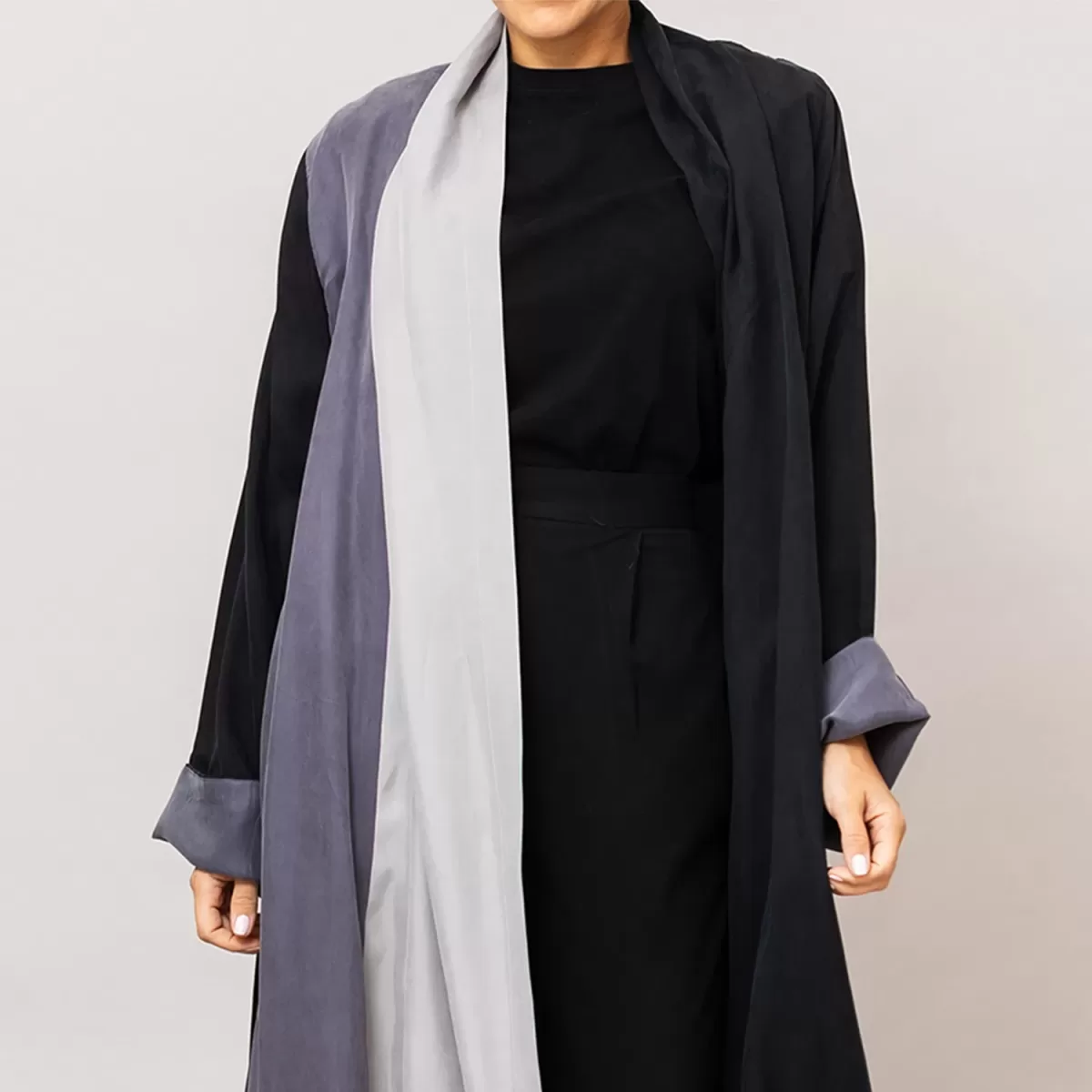 Black/Gray Calico- Tricolored A-Line Washed Silk Abaya