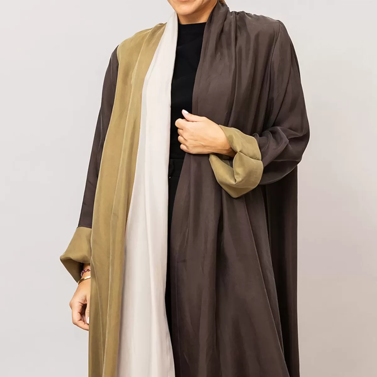 Taupe Brown Calico- Tricolored A-Line Washed Silk Abaya