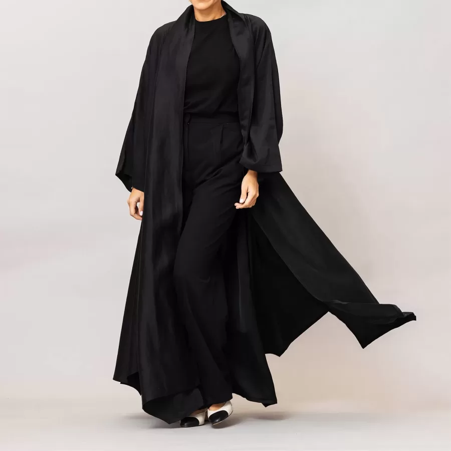 Black Sylvia Lux Flared Linen Silk Abaya
