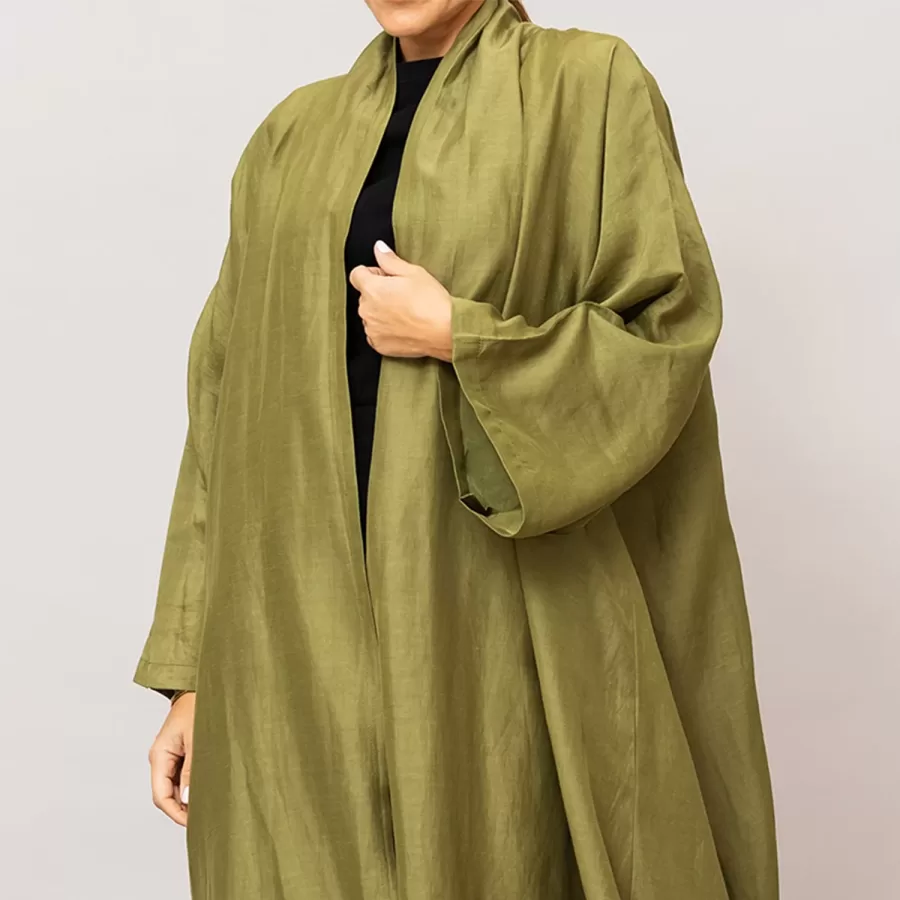 Olive Green Sylvia Lux Flared Linen Silk Abaya