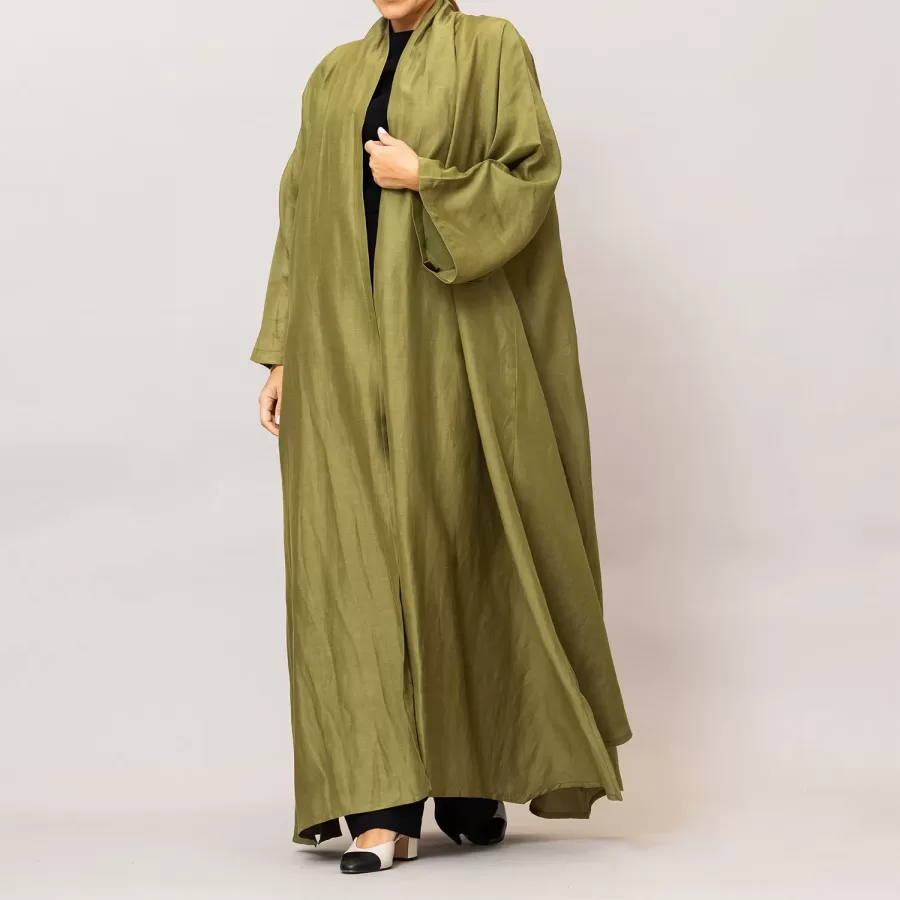 Olive Green Sylvia Lux Flared Linen Silk Abaya
