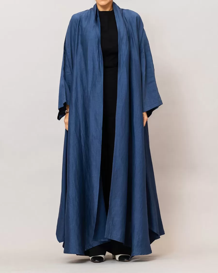 Navy Blue Sylvia Lux Flared Linen Silk Abaya