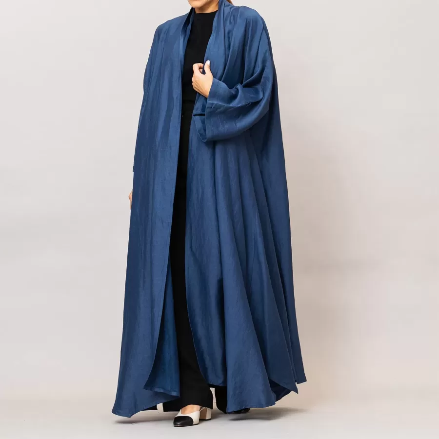 Navy Blue Sylvia Lux Flared Linen Silk Abaya