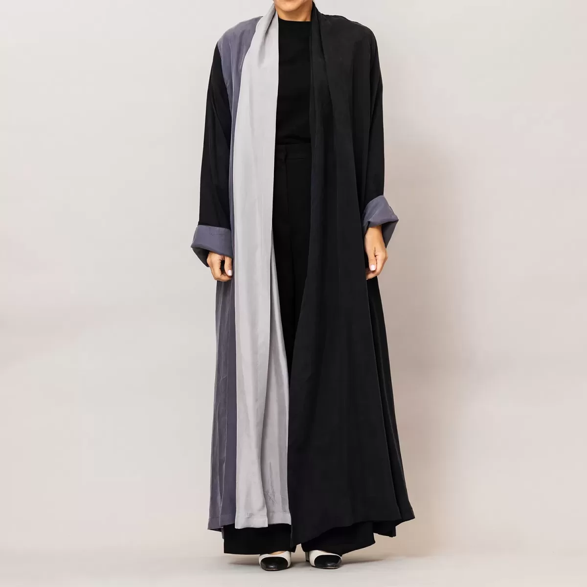 Black/Gray Calico- Tricolored A-Line Washed Silk Abaya