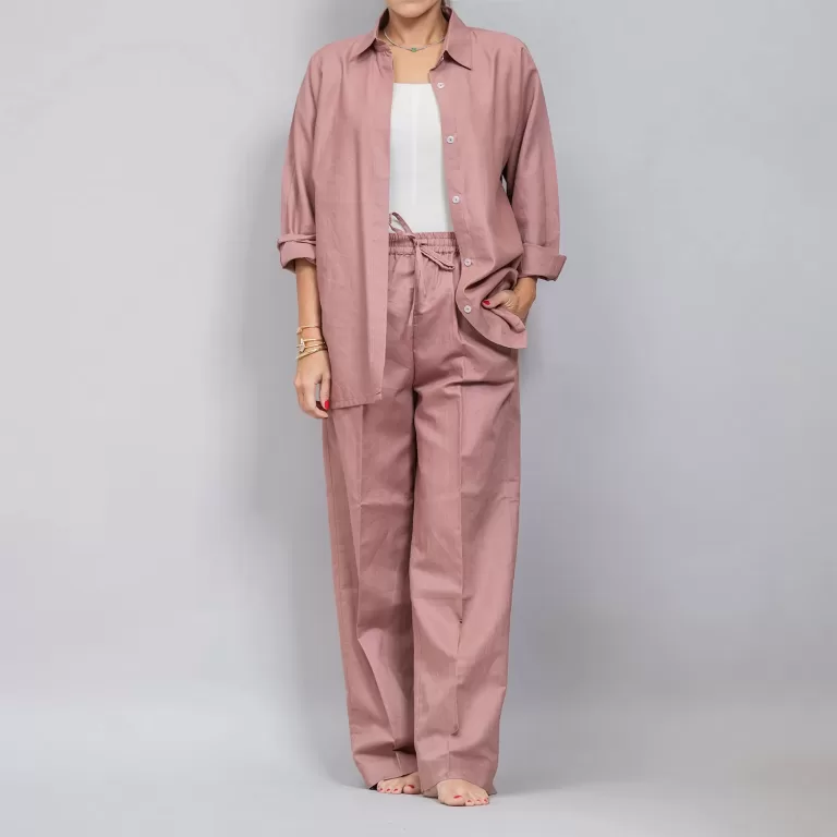 Pastel Red Linen Plain Set - Pants with Shirt Co-ords