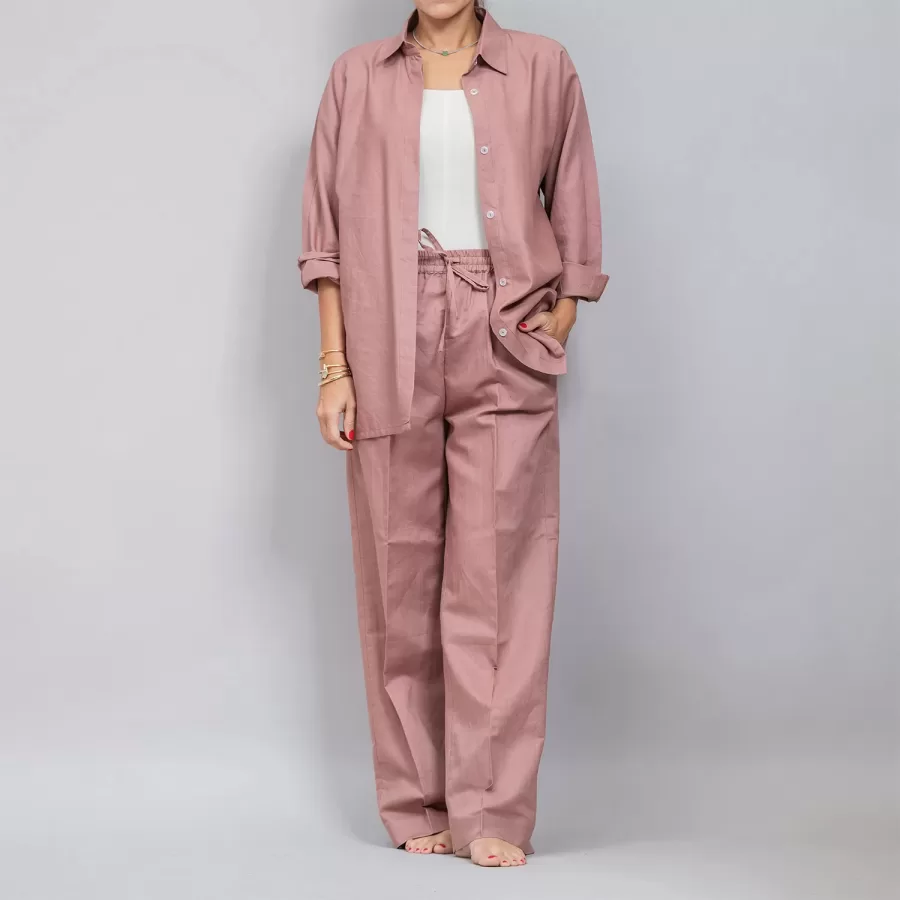 Pastel Red Linen Plain Set - Pants with Shirt Co-ords