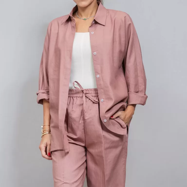 Pastel Red Linen Plain Set - Pants with Shirt Co-ords