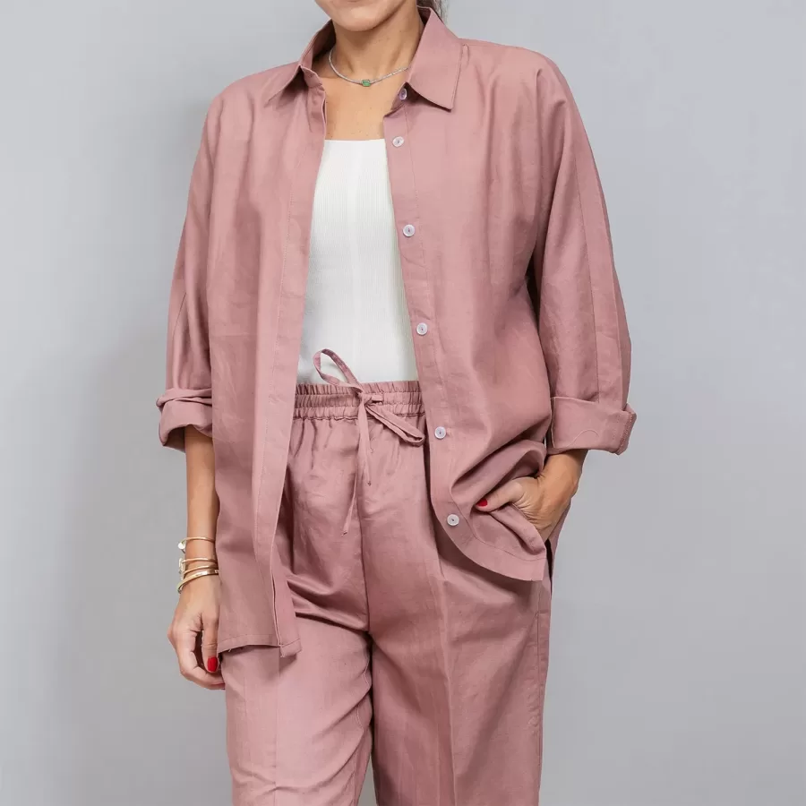 Pastel Red Linen Plain Set - Pants with Shirt Co-ords