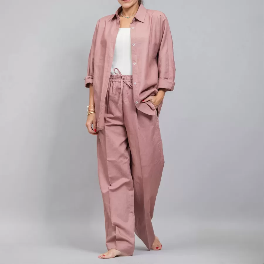 Pastel Red Linen Plain Set - Pants with Shirt Co-ords