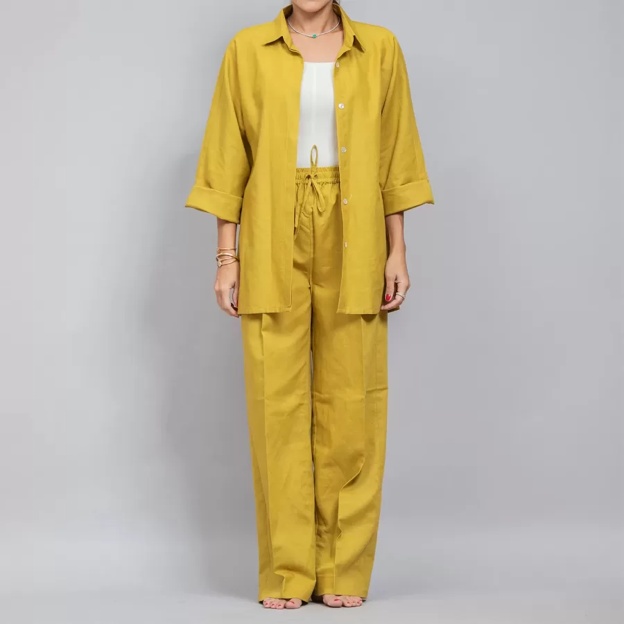 Gold Linen Plain Set - Pants with Shirt Co-ords