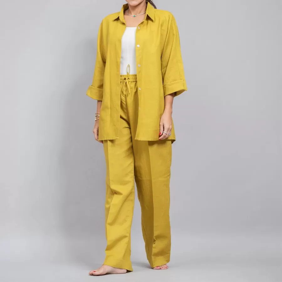 Gold Linen Plain Set - Pants with Shirt Co-ords