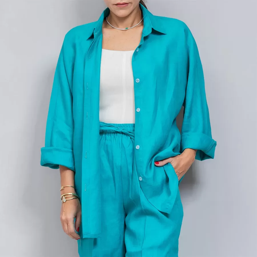 Electric Blue Linen Plain Set - Pants with Shirt Co-ords