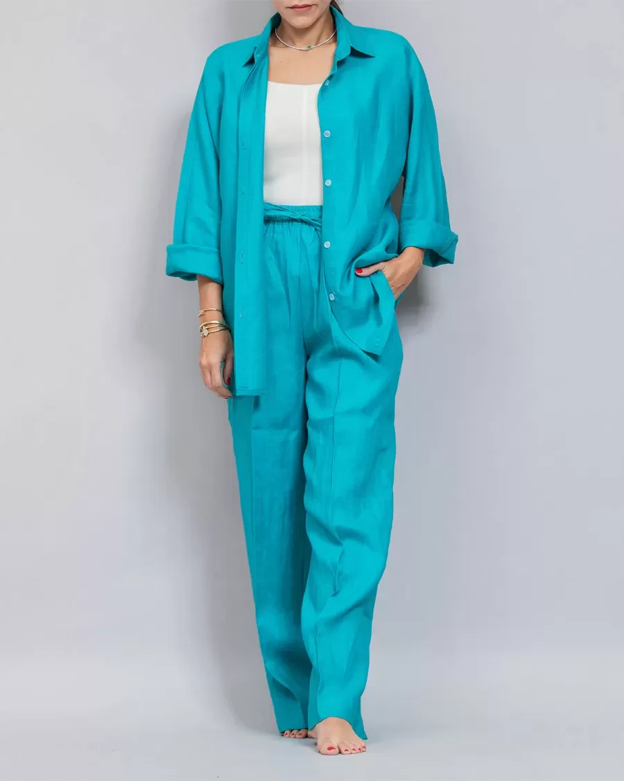 Electric Blue Linen Plain Set - Pants with Shirt Co-ords
