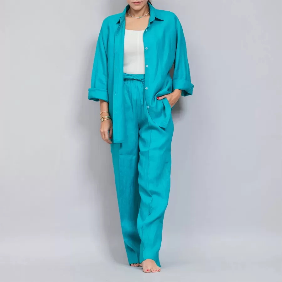 Electric Blue Linen Plain Set - Pants with Shirt Co-ords