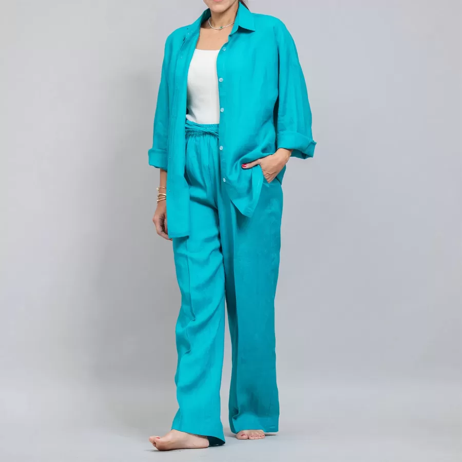 Electric Blue Linen Plain Set - Pants with Shirt Co-ords