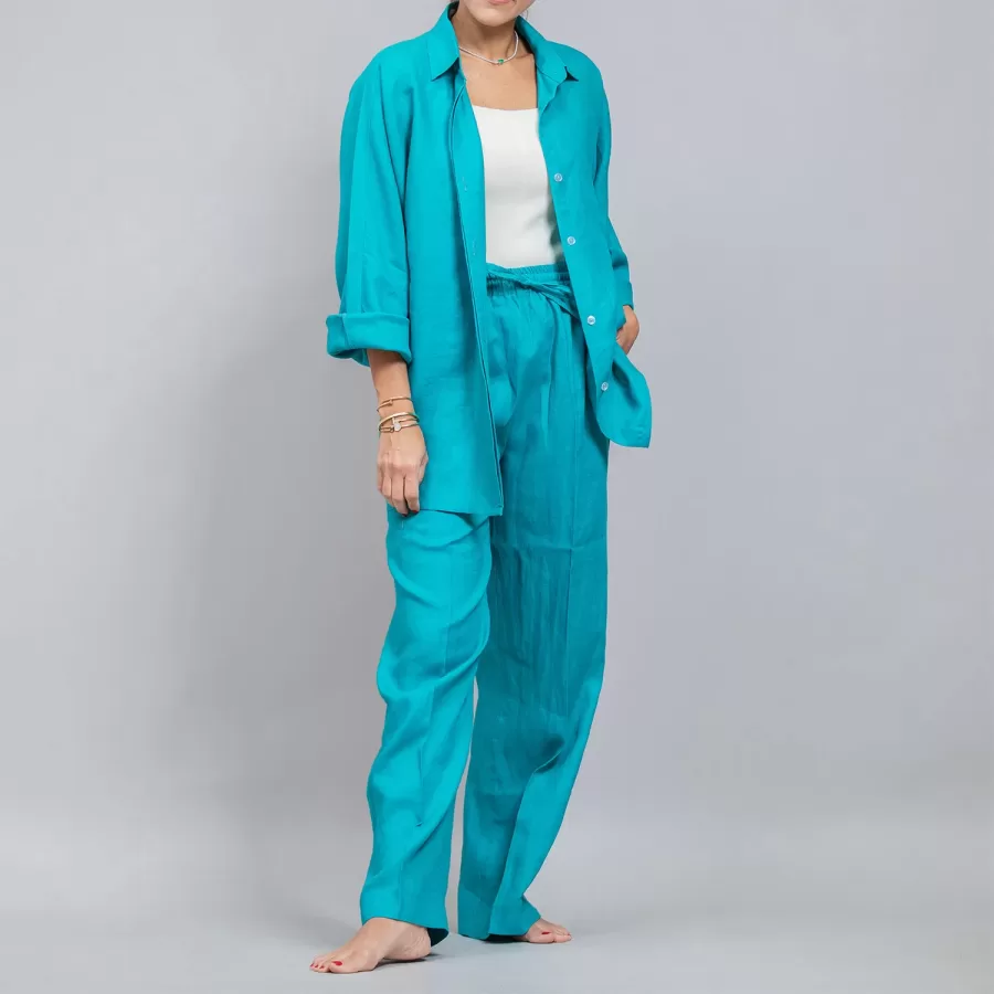 Electric Blue Linen Plain Set - Pants with Shirt Co-ords