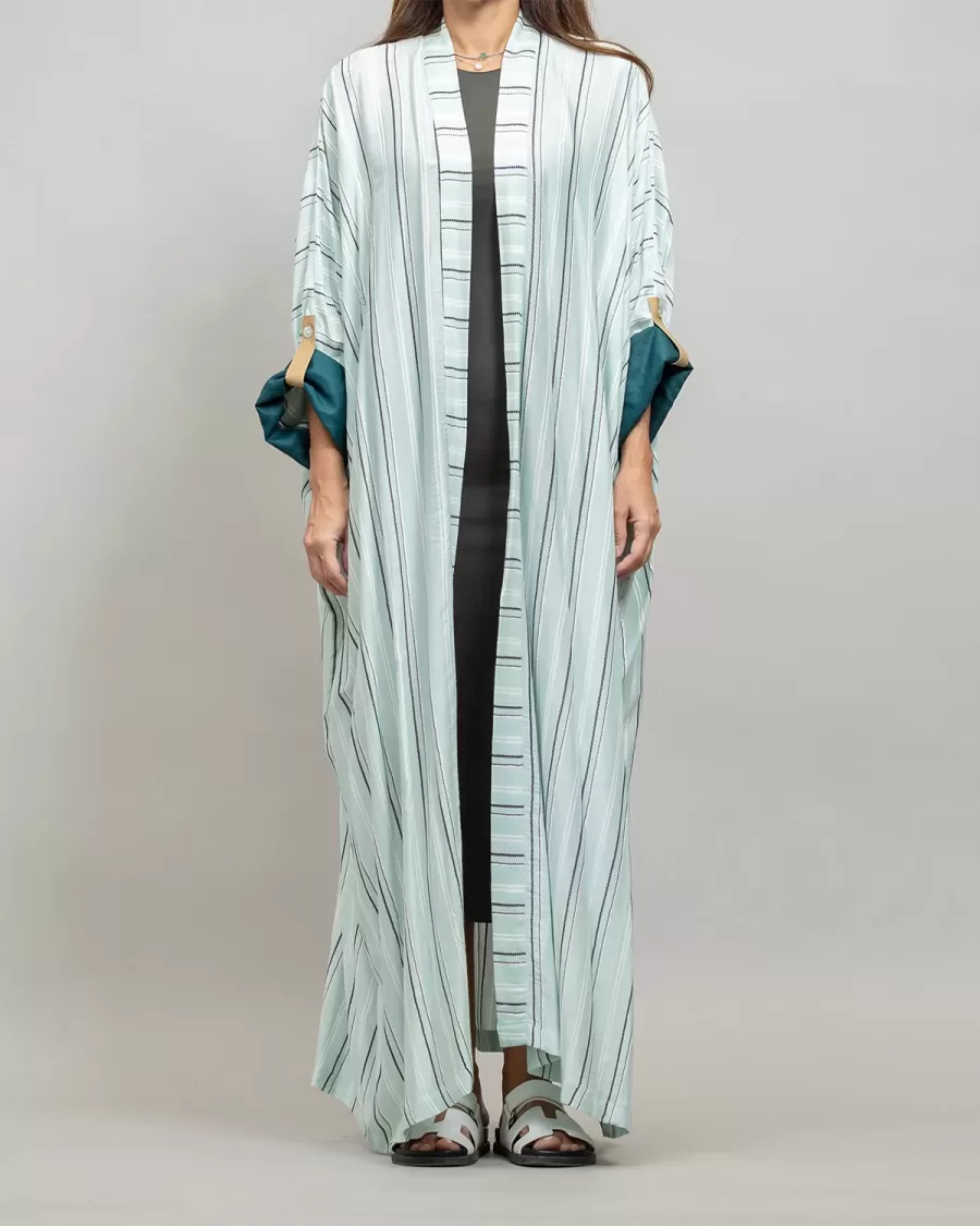 Pale Aquamarine Kaftan Striped - Linen Relaxed Fit Abaya
