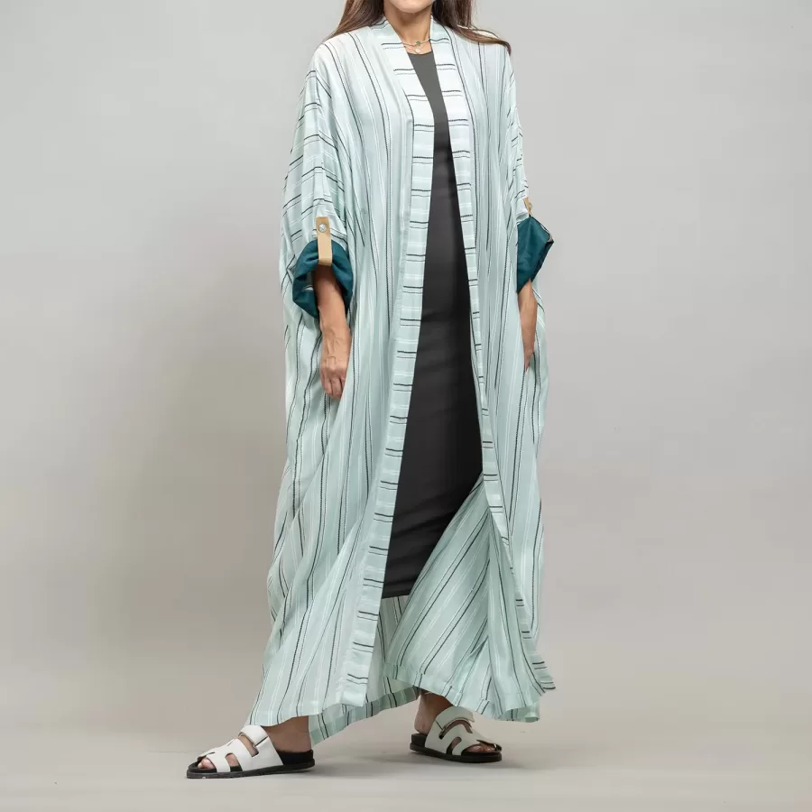 Pale Aquamarine Kaftan Striped - Linen Relaxed Fit Abaya