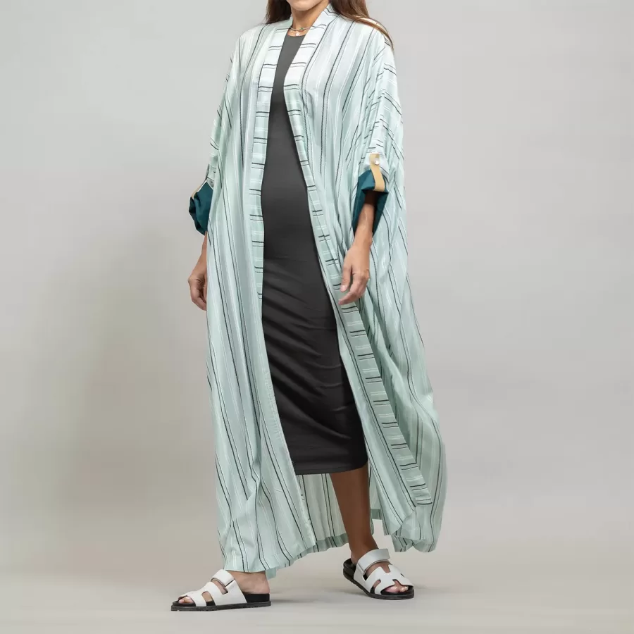 Pale Aquamarine Kaftan Striped - Linen Relaxed Fit Abaya