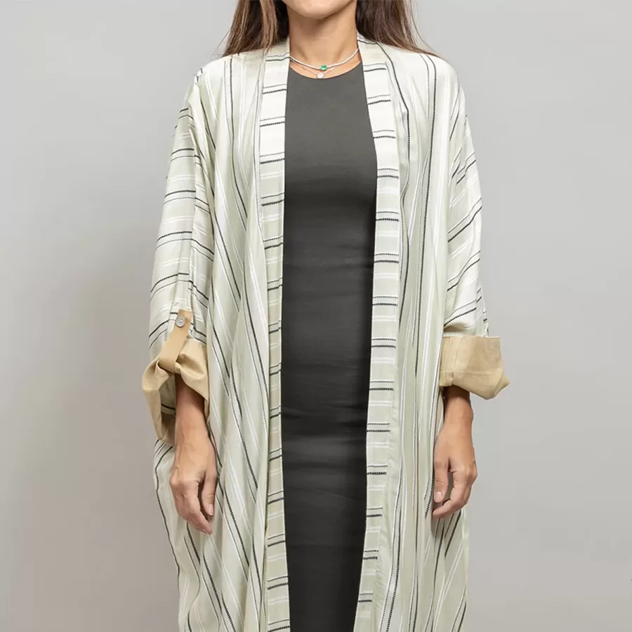 Beige Kaftan Striped - Linen Relaxed Fit Abaya