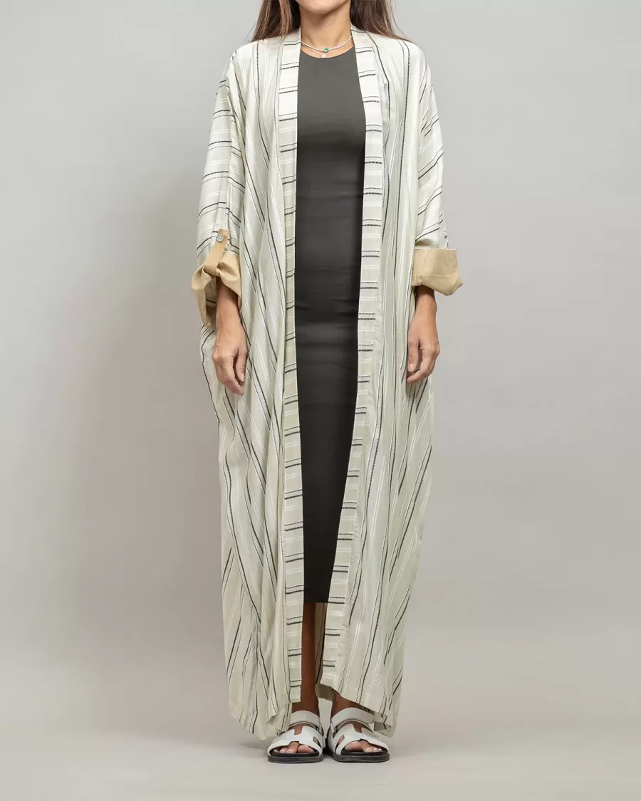 Beige Kaftan Striped - Linen Relaxed Fit Abaya
