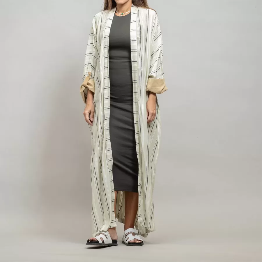 Beige Kaftan Striped - Linen Relaxed Fit Abaya