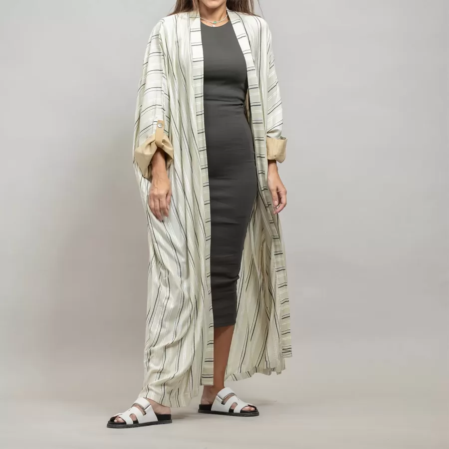 Beige Kaftan Striped - Linen Relaxed Fit Abaya