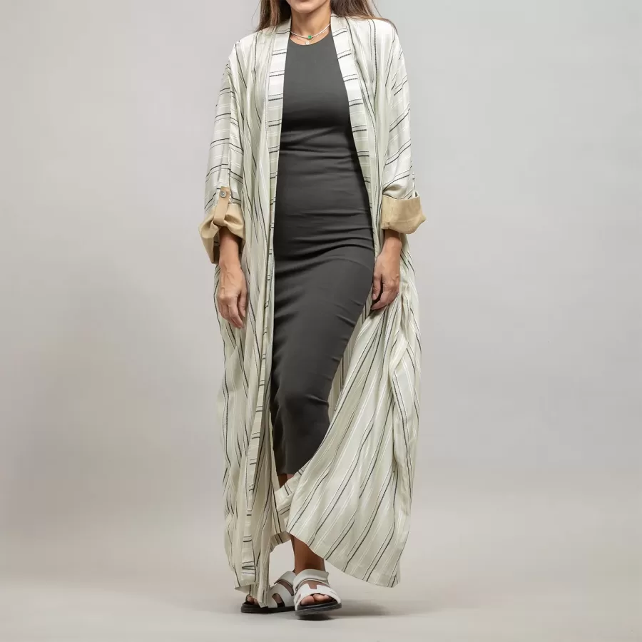 Beige Kaftan Striped - Linen Relaxed Fit Abaya