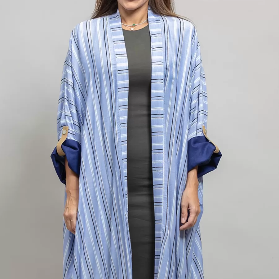 Cornflower Blue Kaftan Striped - Linen Relaxed Fit Abaya