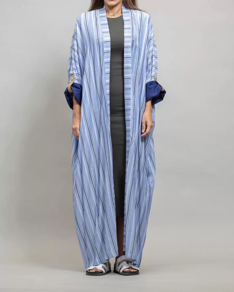 Cornflower Blue Kaftan Striped - Linen Relaxed Fit Abaya