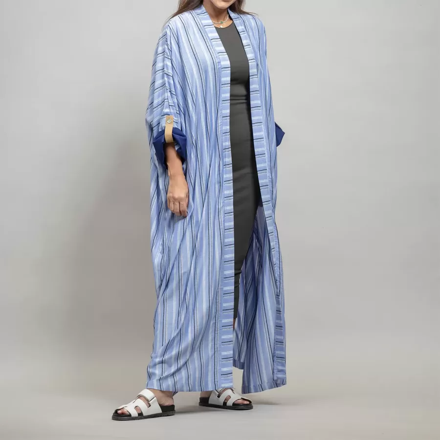 Cornflower Blue Kaftan Striped - Linen Relaxed Fit Abaya