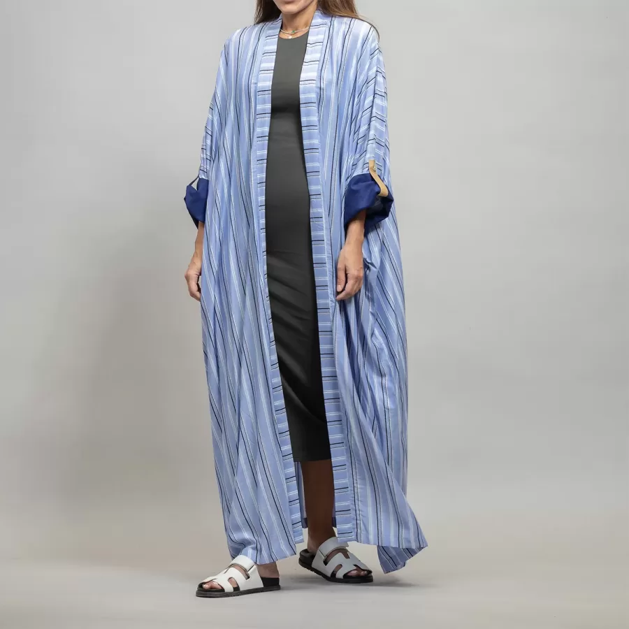 Cornflower Blue Kaftan Striped - Linen Relaxed Fit Abaya