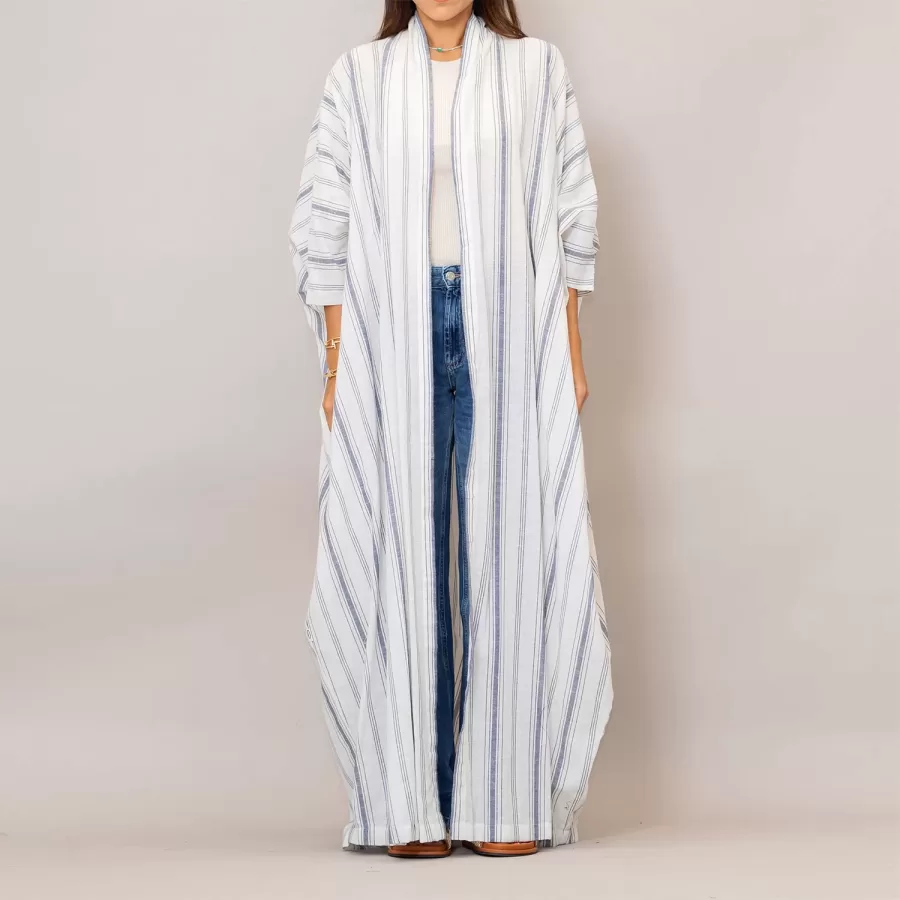 Blue Gray Bisht Cotton Oversized Striped Abaya